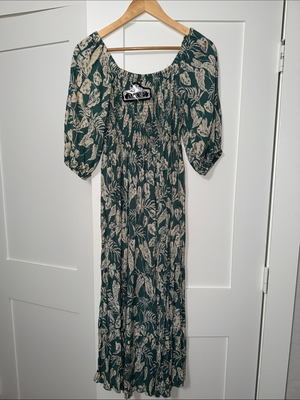 Angie Teal Green Botanical Puff-Sleeve Maxi Dress